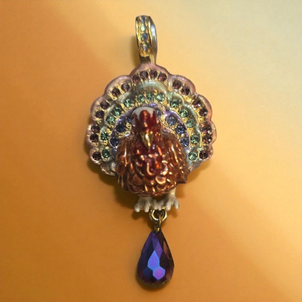 Vintage magnetic Kirks Folly Turkey Thanksgiving necklace charm W/ Purple Drop